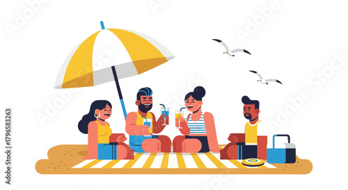 Friends Enjoying Their Beverages Under Umbrella On The Beach During Summer Day