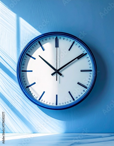 Wallpaper Mural Blue Wall Clock with Minimalist Design and Shadow Play on Light Blue Background Torontodigital.ca