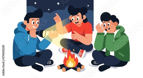 Friends Gather Around Campfire at Night, Telling Stories Under a Starry Sky