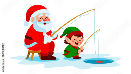 Santa's Ice Fishing Adventure: A festive scene unfolds as Santa Claus and a cheerful elf engage in the winter pastime of ice fishing, bringing the holiday spirit to life.