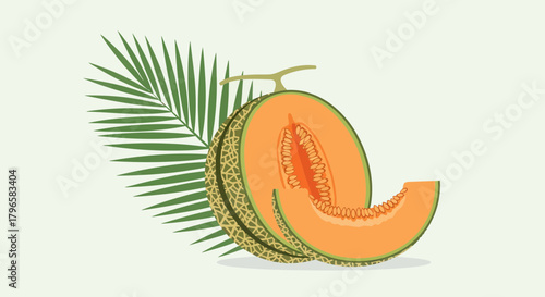 Freshly Sliced Cantaloupe And Palm Frond On Light Green, Delicious And Healthy