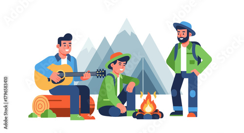 Friends Gathered Around A Campfire Playing Music And Experiencing Nature In The Mountains