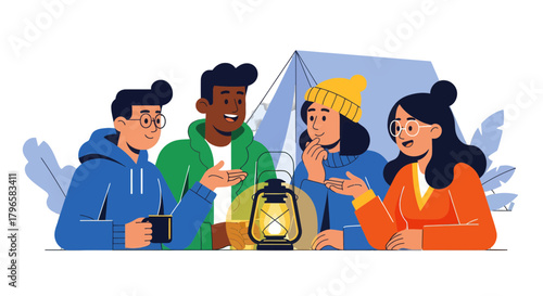 Friends Gathered Around A Lantern During A Camping Trip, Illustrated Scene