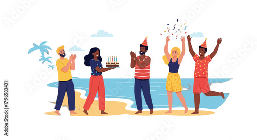 Friends Gathered To Celebrate A Happy Birthday Party On The Beach Scene