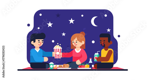 Friends Gathered Under The Moonlight Enjoying Snacks And Beverages Together