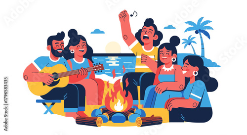 Friends Gathering Around A Bonfire, Singing, Playing Guitar, Enjoying a Vacation Time