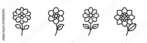 Four simple line drawing flowers with leaves and stems artistic botanical icons
