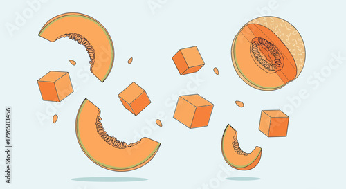 Freshly Sliced Cantaloupe Floating With Geometric Cubes Against a Gentle Backdrop