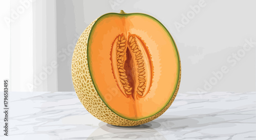 Freshly Sliced Cantaloupe Fruit On Marble Surface Illustrating Food And Nutrition