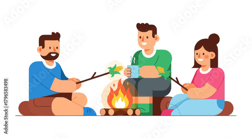 Friends Gathering Around A Cozy Campfire Preparing Dinner And Enjoying Conversation