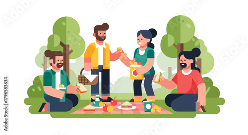 Friends Gathering Together For A Summer Outdoor Picnic Under the Sunlight