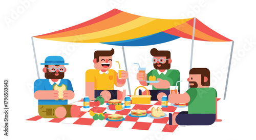 Friends Leisurely Gathered Under A Rainbow Shade Canopy Enjoying Food And Cheer Together
