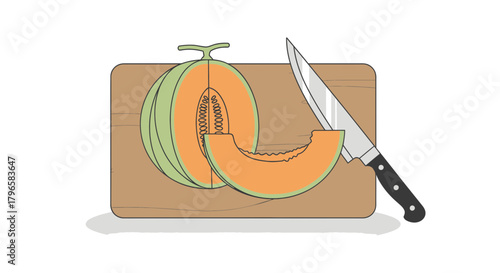Freshly Sliced Cantaloupe on a Wooden Board with a Sharp Kitchen Knife