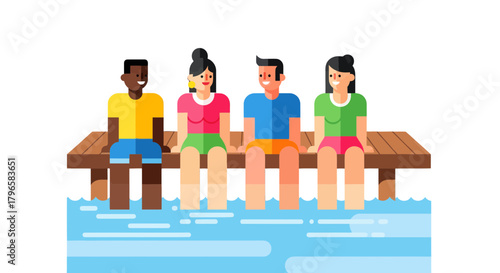 Friends Leisurely Relaxing on the Pier Enjoying a Bright Sunny Day and Blue Water