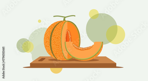 Freshly Sliced Cantaloupe Placed on a Wooden Cutting Board with Abstract Background