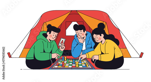 Friends Play Board Game Inside The Tent, Enjoying Leisure Time And Recreation