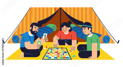Friends Play Board Games Camping Together Inside Of Their Tent For Fun