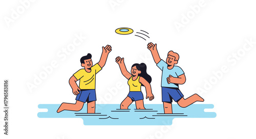 Friends Play Frisbee In Waters, Enjoying Summer Time, Having Fun Together