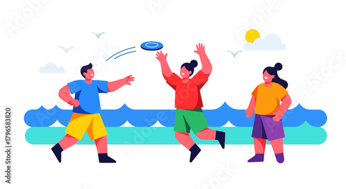 Friends Play Frisbee Near the Sea With Clear Skies and Lovely Clouds