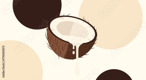 Freshly Sliced Coconut with Creamy Milk Dripping Against a Geometric Abstract Background