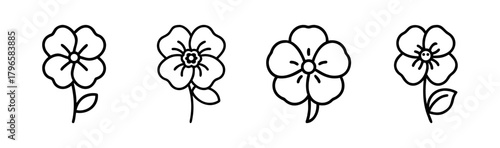 Hand-drawn outline pansy flowers collection simple line art botanical design elements