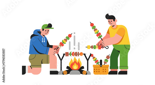 Friends Prepare Gourmet Food On Skewers Near The Bright Fire During A Camping Trip
