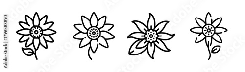Four stylized line art passionflower blossoms with delicate stems and leaves isolated