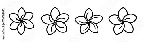 Four simple outline plumeria flowers line art drawing icon style