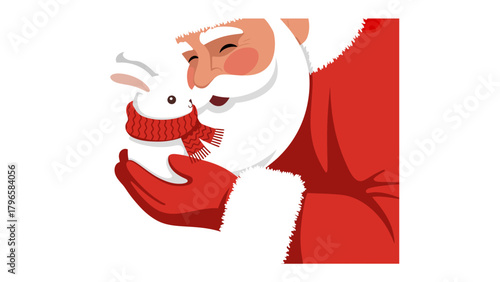 Christmas Serenade: Santa Claus gently cradles a cute little rabbit wearing a warm scarf. The image captures the warmth and love of the holiday spirit. 