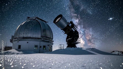 Observatory under a starry sky telescope pointing upwards on snowy ground beside a domed building