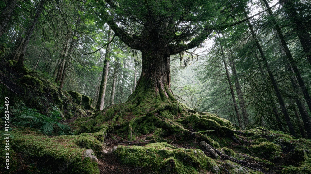 Fototapeta premium Massive tree roots in lush forest