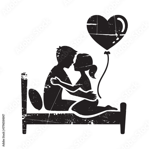 Couple embracing on bed with heart balloon romantic silhouette
