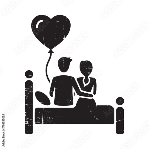Couple in bed with heart balloon romantic illustration