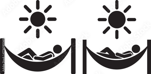 Two people relaxing in hammocks under the sun silhouette