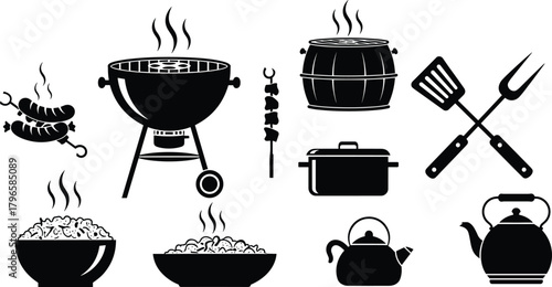 Barbecue grilling icon collection, smoker kettle skewers, utensils steaming bowls sausages, pot grill silhouettes, outdoor, cad drawing flat vector illustration