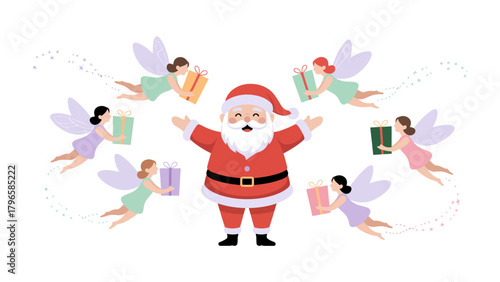 Santa's Festive Ensemble: Santa Claus, embraced by festive cheer, surrounded by angel figures carrying gifts, symbolizing the spirit of giving and seasonal joy.