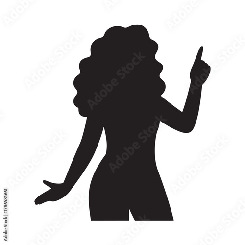 Silhouette of a woman dancing with curly hair and one finger raised