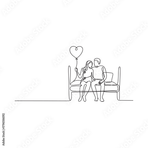 Couple sitting on bench with heart balloon sketch