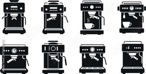 Espresso machine set, coffee maker icons, barista equipment, cafe appliance collection, portafilter, steam wand, cups, monochrome, vector, CAD, drawing, illustration
