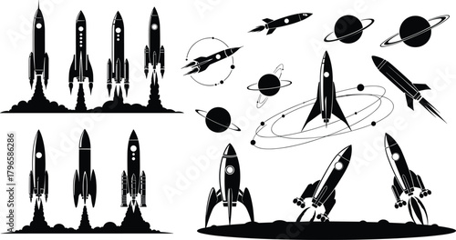 Rocket and planet silhouette set, space exploration icons, black vector designs, launch flames, orbital rings, cosmic travel, astronomy graphics