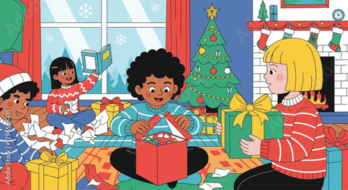 Children opening presents on Christmas morning, 2D flat colorful vector