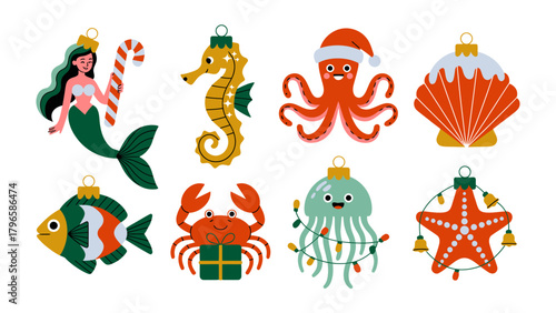 Festive Marine Ornaments: A vibrant collection of whimsical sea creatures adorn holiday decorations, perfect for spreading cheer and delight during the festive season.