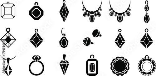 Jewelry icon collection pendants earrings necklaces rings geometric gemstone designs black white vector for branding cad drawing flat vector illustration