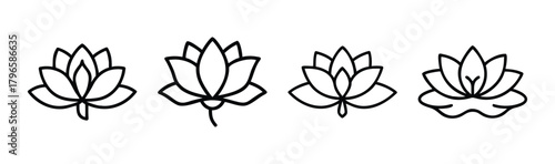 Set of four delicate outline water lily flowers symbolizing purity tranquility and nature