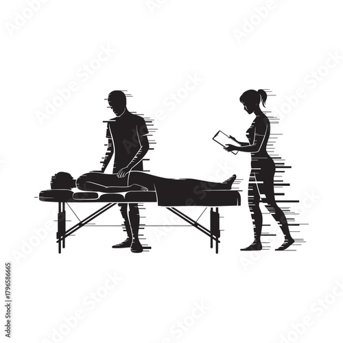 Silhouettes of massage therapists working on a patient