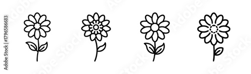 Four simple line drawings of zinnia flowers with stems and leaves