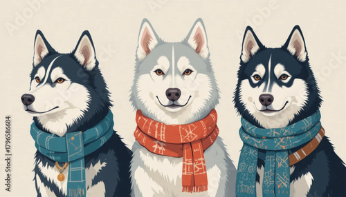 Illustration of a dog wearing a flat colored scarf on a plain background 