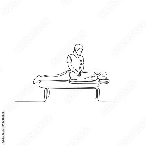 Line art illustration of a massage therapist working on a patient s back