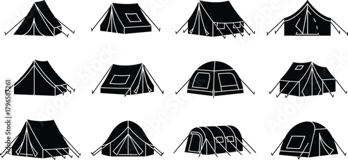 Twelve tent silhouettes collection, camping shelter icons, dome ridge styles, vestibules windows compartments, outdoor gear, CAD drawing flat vector illustration