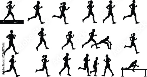 Running silhouette illustration set, athletic motion and relay vector, sports activity design, fitness stride graphics, dynamic movement collection